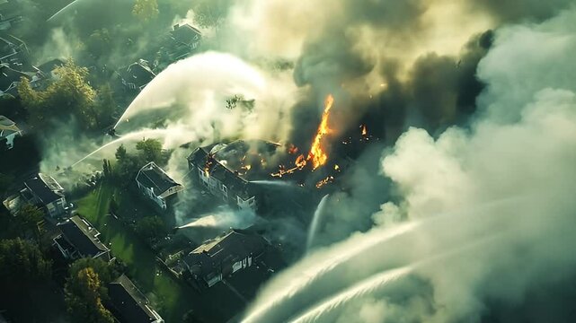 Aerial View of Intense Building Fire and Emergency Response