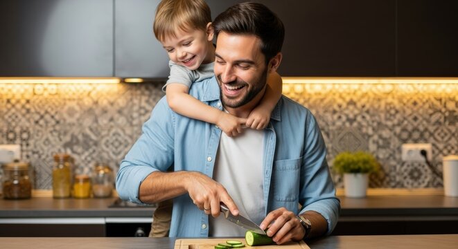 A cheerful father and son share a cooking moment, slicing cucumbers together in the kitchen.