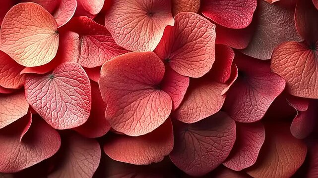 Elegant close up of vibrant red hydrangea petals creating a floral background
