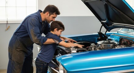 A father guides his son as they inspect a classic blue car's engine in the garage.