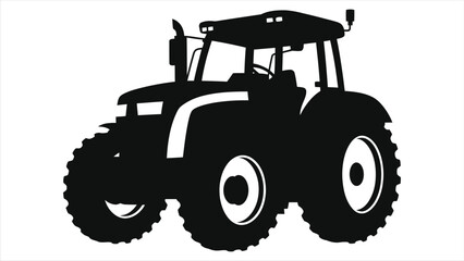 Simple Vector Silhouette of a Modern Tractor/A clean, black silhouette of a modern tractor against a white background.