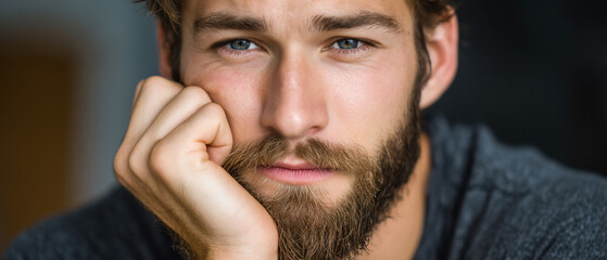 Obraz premium Pensive bearded man gazes directly forward