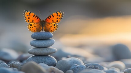Peaceful butterfly perched on stacked stones at sunrise