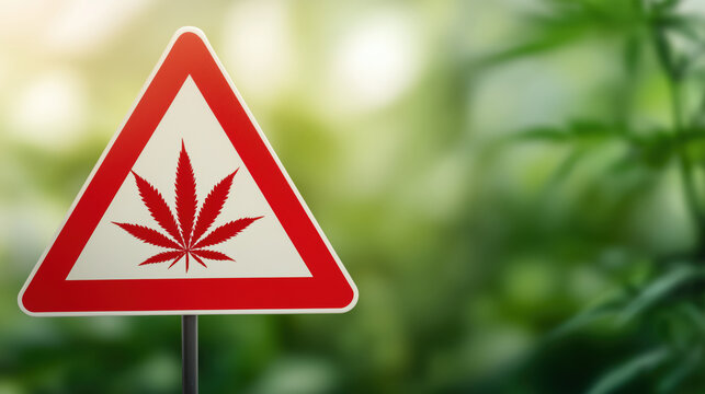 triangular red warning sign with a cannabis leaf symbol stands against a blurred green backdrop, suggesting caution in an area where marijuana is present or regulated
