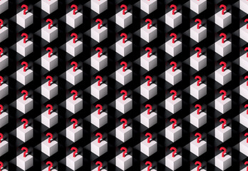 Geometric Repeating Black and White Cube Background With Red Question Marks.