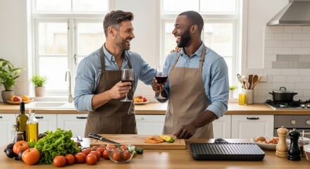 Happy gay couple in aprons enjoying a glass of wine while laughing in the kitchen.