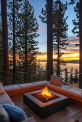 Lakeside fire pit at sunset, surrounded by modern seating