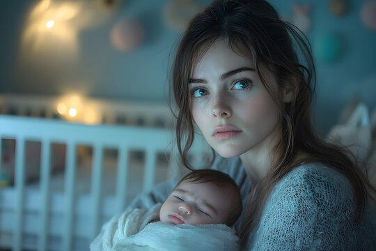 Thoughtful mother holding baby, quiet night nursery scene, postpartum emotion portrait, dim light bonding moment, maternal care and fatigue, emotional mental health awareness concept

 - Powered by Adobe