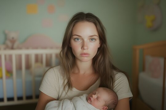 Emotionally drained mother holding baby, postpartum fatigue portrait, sitting near crib in nursery, quiet tension scene, mental health and isolation, motherhood without joy moment
- Powered by Adobe