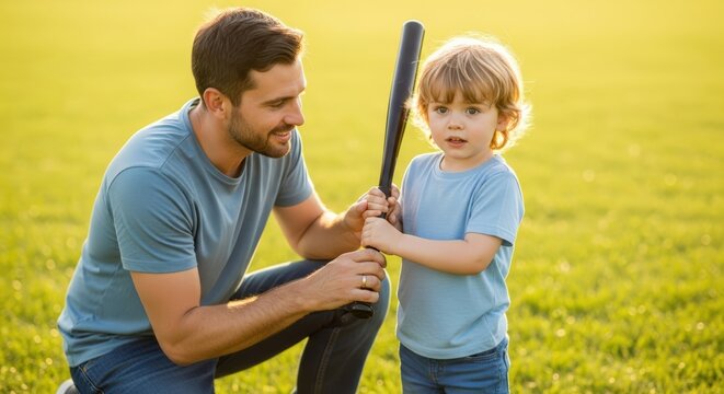 A loving father teaches his son how to hold a baseball bat on a bright sunny day.