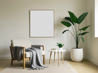 Modern living room interior with blank frame and plants