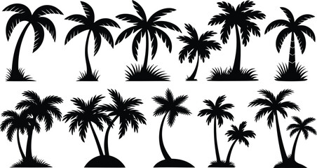 Obraz premium palm trees silhouette set, tropical coconut, isolated on white background