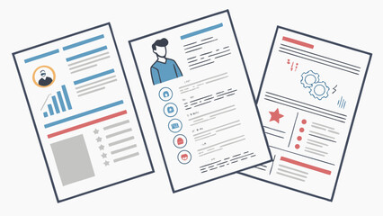 Illustration of three resume documents showing different layouts and design elements on a white background