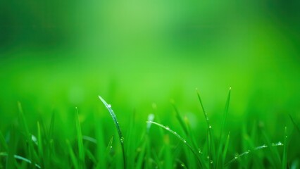 Obraz premium Refreshing Rainfall: Close-up of Raindrops and Dew on Lush Green Grass
