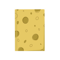 A yellow school notebook with a cheese-like pattern on the cover, fun and playful for students.