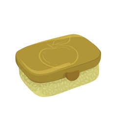 A green insulated school lunchbox with an apple design, used to carry food and snacks.