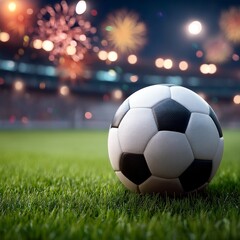Fototapeta premium Soccer ball on vibrant grass field with stadium lights and festive fireworks overhead celebrating a triumphant sports event