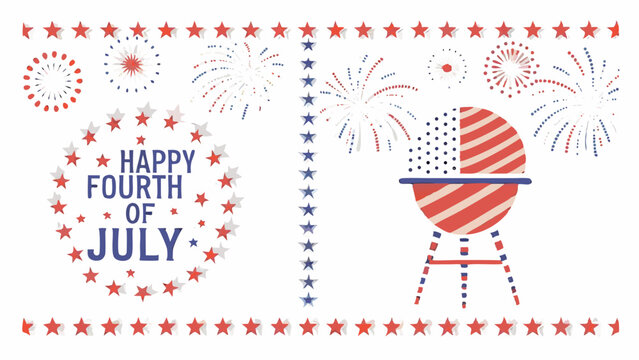 Happy fourth of july themed image with fireworks, stars, and a grill decorated with american flag