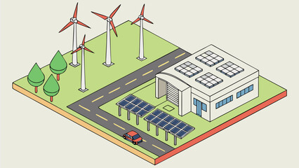 Isometric view of a sustainable energy facility with wind turbines and solar panels on a sunny day scene