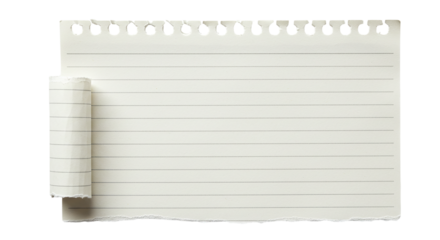 A nostalgic lined notebook paper with a curled corner reminiscing school days and inspiring on transparent background