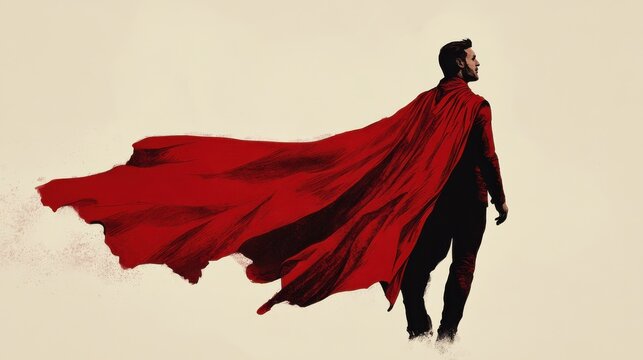 Manager in a superman pose wearing a red cloak. Studio shot on a beige background. illustration , no logos, no brands