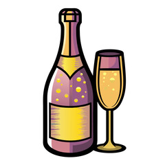 Champagne bottle with a glass in comic book style, pop art design, transparent background  