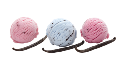 
Three different colored ice cream scoops on a white background. The ice cream is topped with vanilla and flower petals