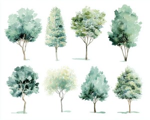 watercolor trees on a clean white background. Ideal for nature art, botanical design, forest scenes, and rustic or seasonal projects.