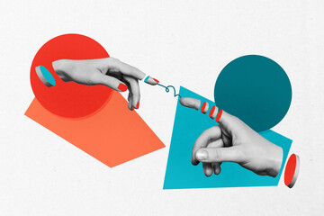 Sketch image artwork composite 3D photo collage of two hand reach finger touch connection...
