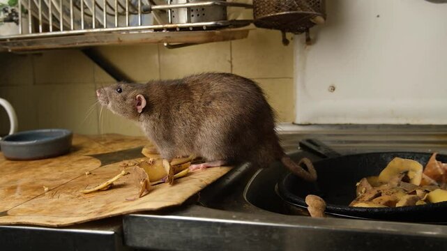 A large brown rat on a kitchen table among food waste.
