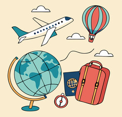 Colorful travel and adventure concept with airplane globe suitcase