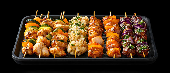 Assorted Grilled Skewers On Black Tray