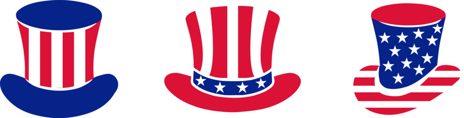 Uncle Sam Hat . 4th july Independence Day  icons collection .Red, blue hats for 4th of July .Fourth of July elements .United States of America celebration bundle set. USA flag,fireworks. 