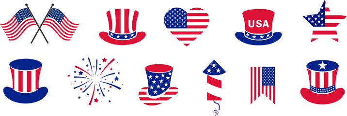 4th july Independence Day  icons collection .Red, blue fireworks for 4th of July .Fourth of July elements .United States of America celebration bundle set. USA flag,fireworks,Uncle Sam hat,popper.