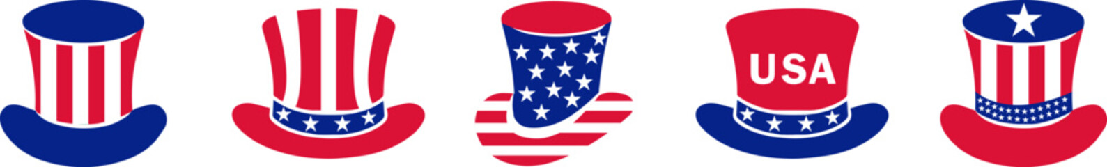4th july Independence Day  icons collection .Red, blue hats for 4th of July .Fourth of July elements .United States of America celebration bundle set. USA flag,fireworks. Uncle Sam hat.