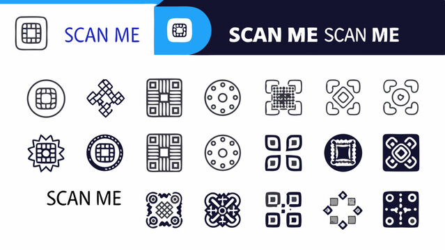 Collection of various qr code designs and scan me text in a graphic layout with blue accent