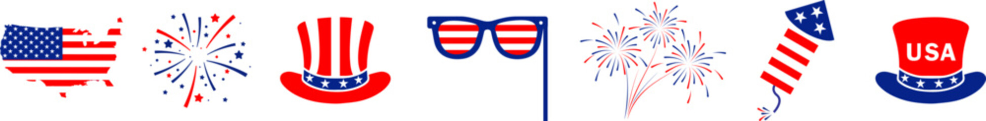 4th july Independence Day  icons collection .Red, blue fireworks for 4th of July .Fourth of July elements .United States of America celebration bundle set. USA flag,fireworks,Uncle Sam hat,popper.