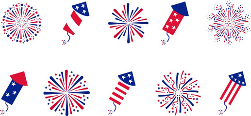 Fireworks Fourth of July.Set of fireworks and firecracker with a red and blue stars and sparks . United states of america independence day fireworks. Red, blue fireworks for 4th of July .