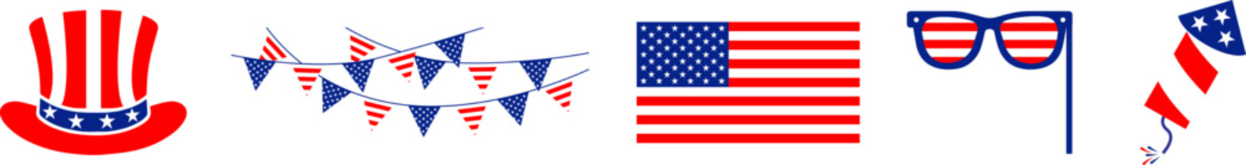 4th july Independence Day  icons collection .Red, blue fireworks for 4th of July .Fourth of July elements .United States of America celebration bundle set. USA flag,fireworks,Uncle Sam hat,popper.