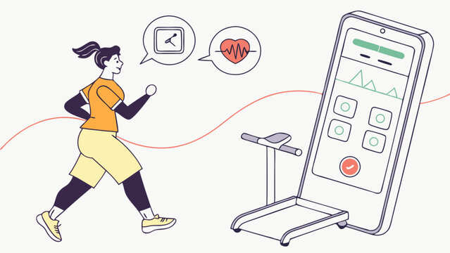 Woman running with fitness app on phone connected to the treadmill for health and workout tracking
