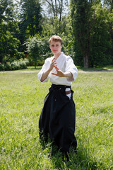 Close up Portrait of young Taekwondo man exercise
