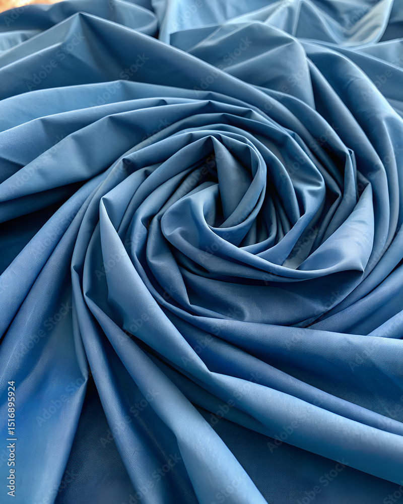 Wall mural blue fabric is arranged in a spiral pattern with soft folds and smooth texture