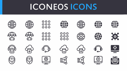 Collection of various iconeos icons featuring globes, clouds, headsets, and other miscellaneous elements