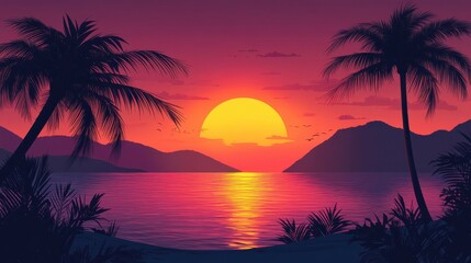 Obraz premium Vibrant orange and pink sunset over a calm ocean with silhouetted palm trees, tropical, sunset
