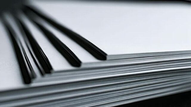 Close-up of a stack of bound white paper sheets with black plastic comb bindings ready for presentation.