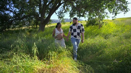 A joyful and expecting African American couple joyfully shares a serene and peaceful moment together in the beauty of nature, celebrating their journey into parenthood together under the warm sun