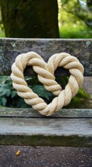 Fototapeta premium A heart-shaped rope decoration rests on a park bench. Beige braided rope forms a heart shape. Blurred background shows trees and greenery