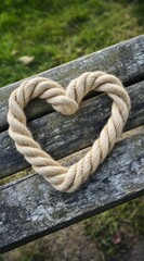 Fototapeta premium Heart-shaped rope on a weathered bench. Outdoors, nature background