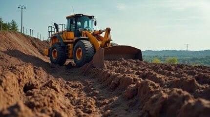 Large yellow bulldozer pushing dark soil across active construction site, creating deep trench while leveling uneven ground with heavy industrial machinery