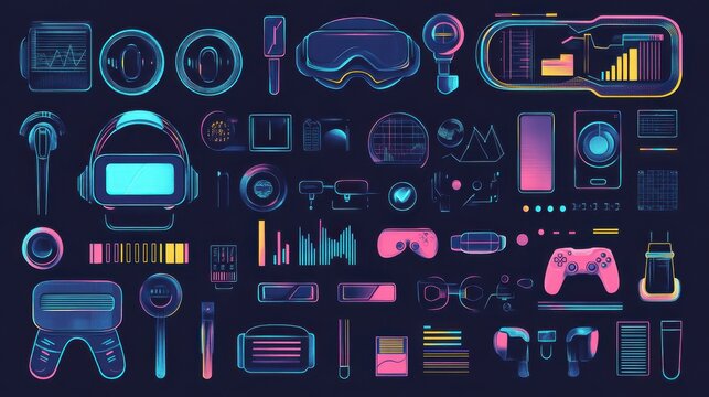 Virtual reality infographic template, elements and icons. Infograph includes customizable graphs, charts, line icon set with virtual reality glasses, vr technology, video games, tech app etc. illustr
